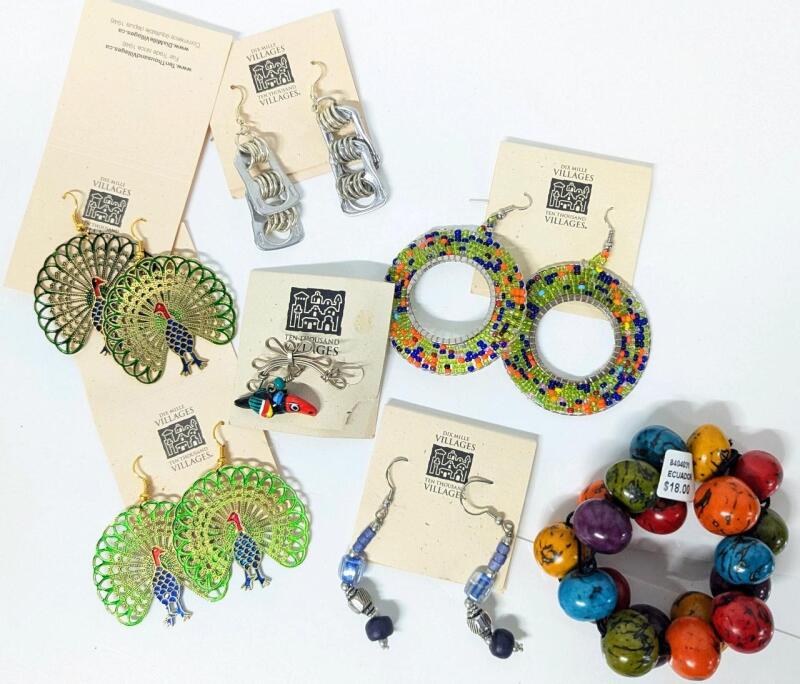 New TEN THOUSAND VILLAGES Jewelry: 5 Pairs Earrings, 1 Brooch & Chunky Wood Bead Expansion Bracelet, $70 Retail Value