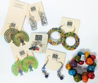 New TEN THOUSAND VILLAGES Jewelry: 5 Pairs Earrings, 1 Brooch & Chunky Wood Bead Expansion Bracelet, $70 Retail Value