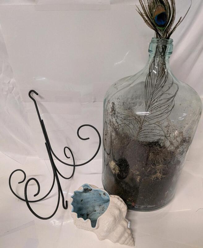 Home Decor Lot. Glass Jug measures 19.5" Tall. Marbles Present in Bottom of Glass Jug