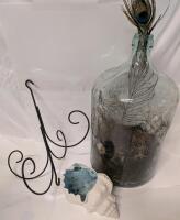 Home Decor Lot. Glass Jug measures 19.5" Tall. Marbles Present in Bottom of Glass Jug