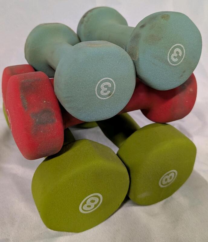 6 Rubberized Barbells. 2x 8lb 2x5lb 2x3lb