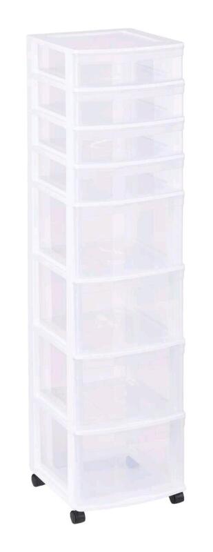 New - Type A Clear 8-Drawer Storage Tower w/Wheels . Retail $60 . Dust for shipping present .