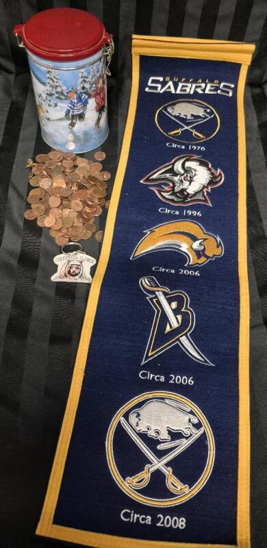 Mixed Collectible Lot - Pennies USA & Canadian, Buffalo Sabres Banner 32" Long, Chum Lee Signed Keychain & Tim Hortons Canister 7" Tall
