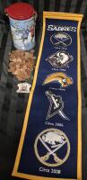 Mixed Collectible Lot - Pennies USA & Canadian, Buffalo Sabres Banner 32" Long, Chum Lee Signed Keychain & Tim Hortons Canister 7" Tall