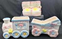 3 Vintage Porcelain Baby Planters incl RELPO Carriage, Up to 3.5" Tall, Cracks in Booties, Spot of Missed Glaze on Carriage