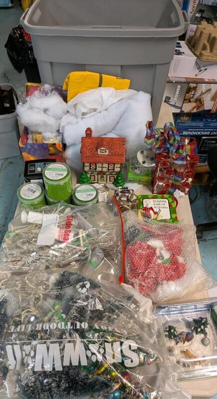 Assorted Holiday Decor with Bin. Bin Measures 16.5* by 24" by 15.5. all Plug in Lights Tested. All Battery Lights Untested.