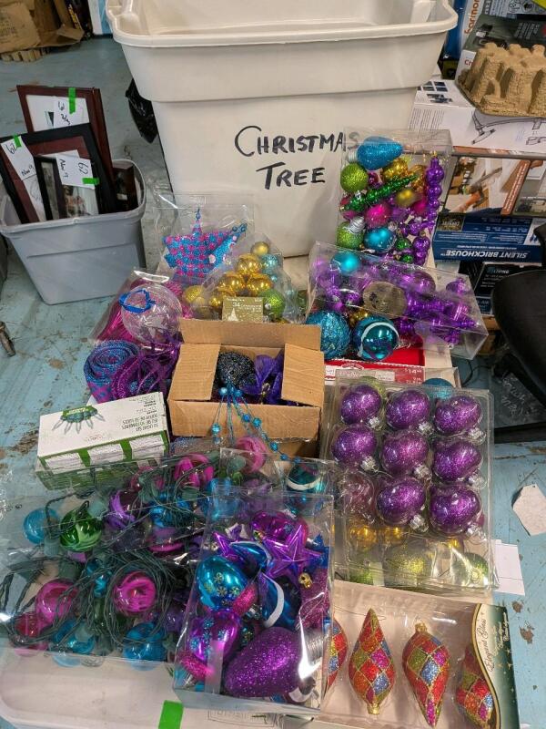 Assorted Holiday Ornaments with Bin. Bin Measures 20" by 17" by 24.5"