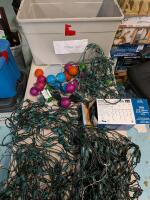 Assorted Holiday Decorations with Bin. Bin Measures 23.5" by 40.5" by 13.5" all lights tested working.