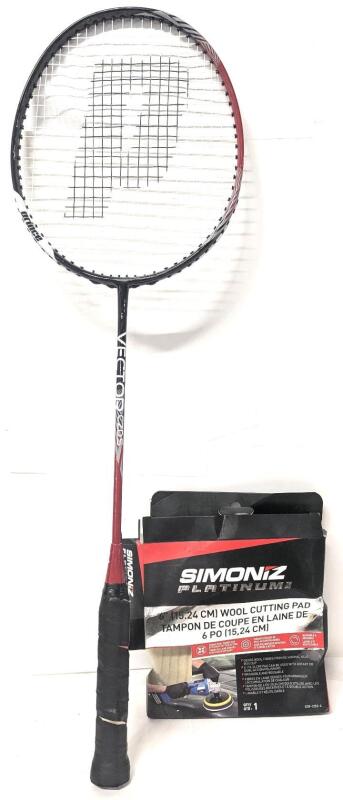 As-New SIMONIZ Platinum 6" Wool Cutting Pad ($13.99 New) & Prince Vector CZD.S Badminton Racket in Good Condition (Retails $24.99 New)