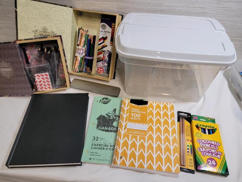 Arts & Crafts Lot : Sketching Book , Note Books , Pencils (watercolor , colored) , Oil Pastels , Book Boxes & Small Storage Bin w/Lid