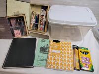Arts & Crafts Lot : Sketching Book , Note Books , Pencils (watercolor , colored) , Oil Pastels , Book Boxes & Small Storage Bin w/Lid