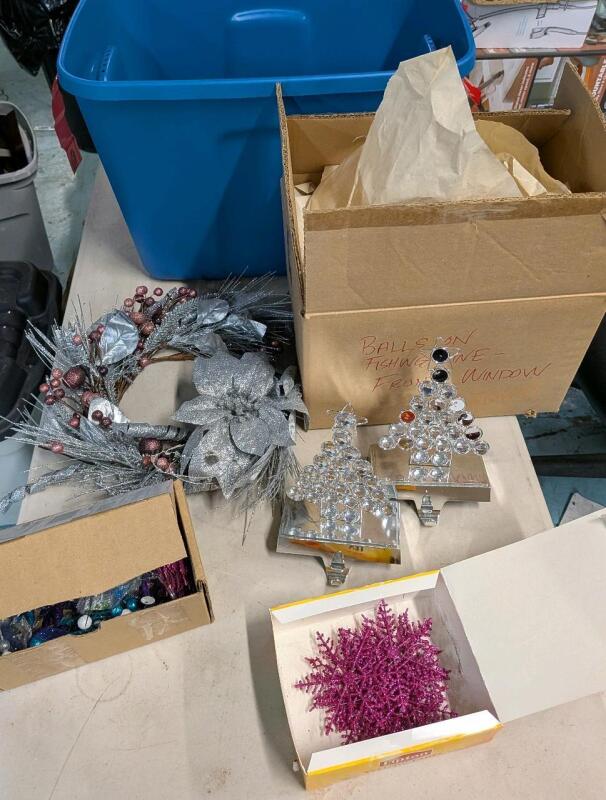 Assorted Christmas Decorations with Bin. Bin Measures 14" wide, 13" Tall, and 19.5" Long. Wreathe Measures 12" Across.