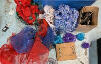 Assorted Holiday Decorations, with Ground Pegs and Guy Wire and Bin. Bin Measures 14" wide, 13" Tall, and 19.5" Long.
