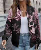 New Size XL Women&rsquo;s Autumn Limited Edition Skull Retro Print Zip-Up Jacket Machine Washable 95% Polyester 5% Elastane Stock photos added