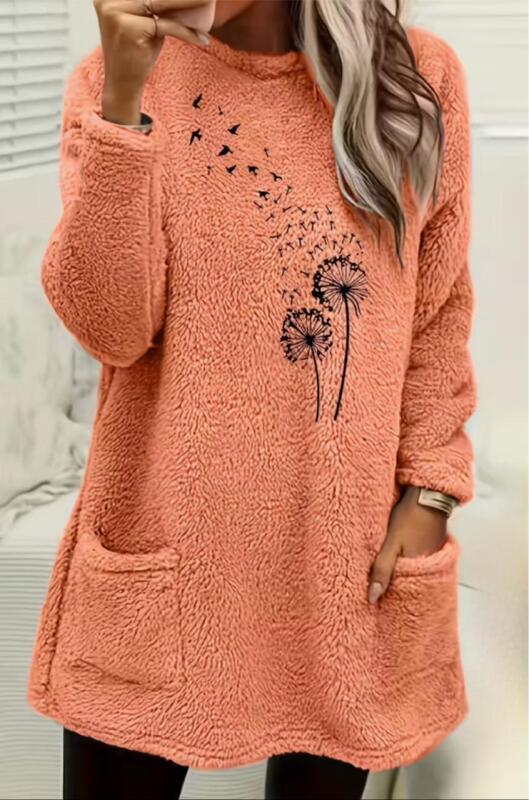 New Size XXL Women&rsquo;s Cozy Make a Wish Soft Fleece-Lined Long Sleeve Pullover Sweatshirt with Dandelion Print - Soft, Stretchy, Peach Orange, Round Neck, Regular Fit 100% Polyester Machine Washable Stock photos added