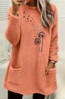 New Size XXL Women&rsquo;s Cozy Make a Wish Soft Fleece-Lined Long Sleeve Pullover Sweatshirt with Dandelion Print - Soft, Stretchy, Peach Orange, Round Neck, Regular Fit 100% Polyester Machine Washable Stock photos added