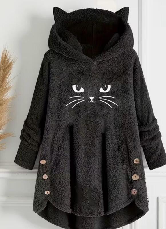 New Size XL Women's Elegant Cat Hoodie - Black Sweater-like Pullover with Hood Non-Stretchy Fabric Machine Washable Quality Stitching, Hooded Top, Cat Enthusiasts 100% Polyester Machine Washable Stock photos added
