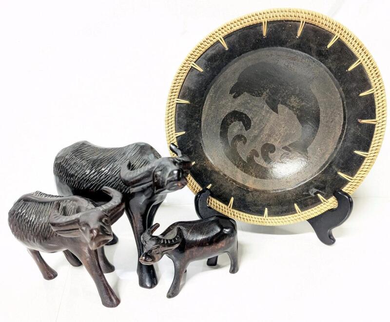 Vintage Indonesia Woven Rim Dolphin Pottery Bowl 10.5"D & 3pc Carved Wood Water Buffalo Family Figures Up To 6.15" Tall