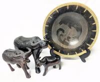 Vintage Indonesia Woven Rim Dolphin Pottery Bowl 10.5"D & 3pc Carved Wood Water Buffalo Family Figures Up To 6.15" Tall