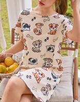 New Size XXL Women&rsquo;s Women's Elegant Puppy Print Sleep-shirt Loungewear - Soft Beige & Brown Dog Pattern, Cozy Round Neck Short Sleeve Nightgown 95% Polyester 5% Elastane Machine Wash stock photos added