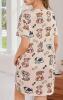 New Size XXL Women&rsquo;s Women's Elegant Puppy Print Sleep-shirt Loungewear - Soft Beige & Brown Dog Pattern, Cozy Round Neck Short Sleeve Nightgown 95% Polyester 5% Elastane Machine Wash stock photos added - 3