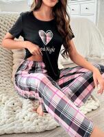 New Size XL Women&rsquo;s Plaid Heart & Slogan Print Pajama Set, Casual Short Sleeve Round Neck Top & Plaid Pants Loungewear 95% Polyester 5% Elastane Stock Photos added