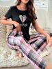 New Size XL Women&rsquo;s Plaid Heart & Slogan Print Pajama Set, Casual Short Sleeve Round Neck Top & Plaid Pants Loungewear 95% Polyester 5% Elastane Stock Photos added