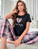 New Size XL Women&rsquo;s Plaid Heart & Slogan Print Pajama Set, Casual Short Sleeve Round Neck Top & Plaid Pants Loungewear 95% Polyester 5% Elastane Stock Photos added - 2