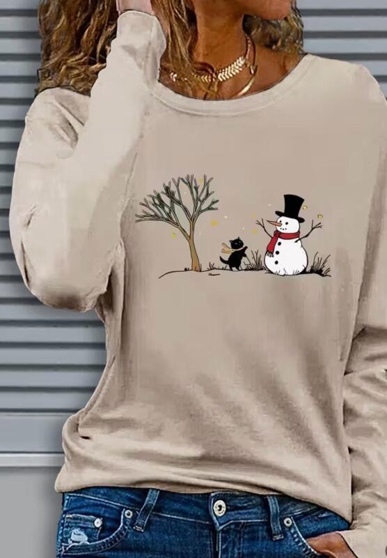 New Size XL Women's Cozy Winter Snowman with Top Hat Cat & Snowflake Print Long Sleeve T-Shirt Soft Beige Crew Neck Casual Machine Washable 100% Polyester Stock Photos added