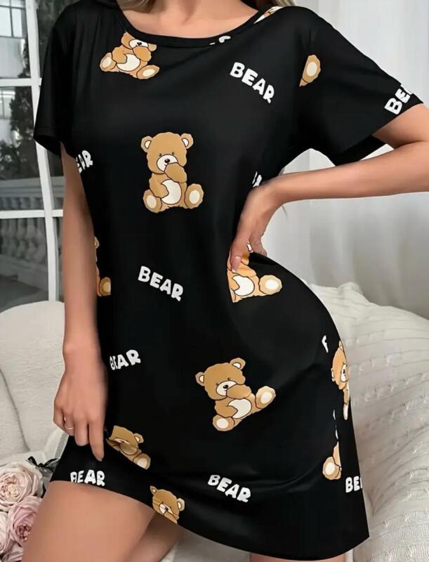 New Size XXL Women&rsquo;s Cute Bear Print T-Shirt Dress Loungewear Short Sleeve Round Neck Loose Fit Black with Yellow Bears & BEAR Text Asymmetrical Hem, Machine Washable 95% Polyester 5% Elastane Stock photos added