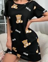New Size XXL Women&rsquo;s Cute Bear Print T-Shirt Dress Loungewear Short Sleeve Round Neck Loose Fit Black with Yellow Bears & BEAR Text Asymmetrical Hem, Machine Washable 95% Polyester 5% Elastane Stock photos added