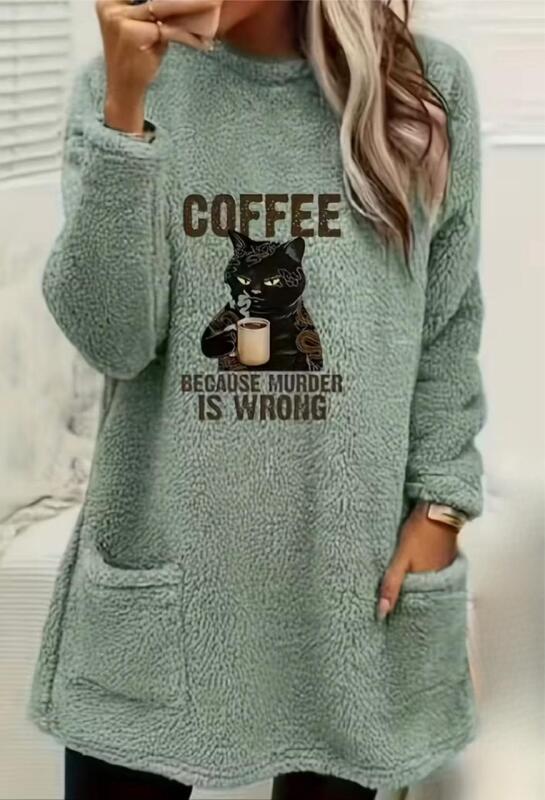 New Size XL Women&rsquo;s Women's Cozy Soft Plush Cat Print Sweatshirt - Long Sleeve Pullover with Coffee & Murder Humor Graphic, Machine Washable Fall Winter Top Machine Washable 100% Polyester Stock Photos added