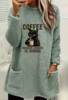 New Size XL Women&rsquo;s Women's Cozy Soft Plush Cat Print Sweatshirt - Long Sleeve Pullover with Coffee & Murder Humor Graphic, Machine Washable Fall Winter Top Machine Washable 100% Polyester Stock Photos added
