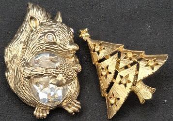 2 Brooches Christmas Tree 1.5" Long & Squirrel 2" Long