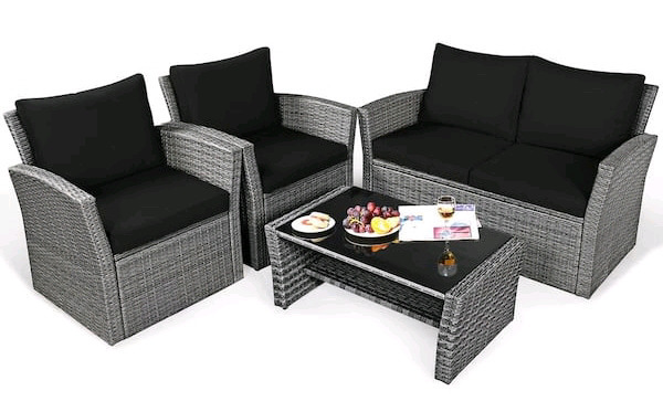 Costway 4-Piece Wicker Patio Conversation Set w/Black Cushions - New