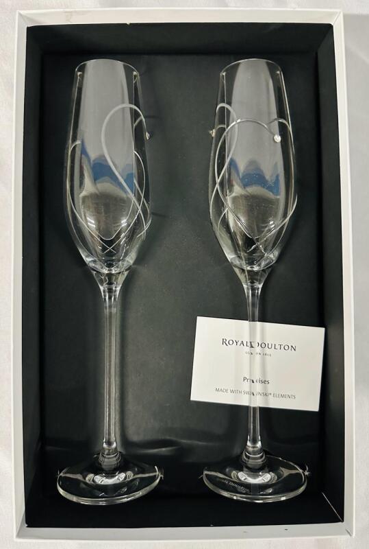 2 New Royal Doulton Fine Crystal Champagne Flutes with Swarovski Elements (Promises: Two Hearts Entwined) - Retails for $446.39