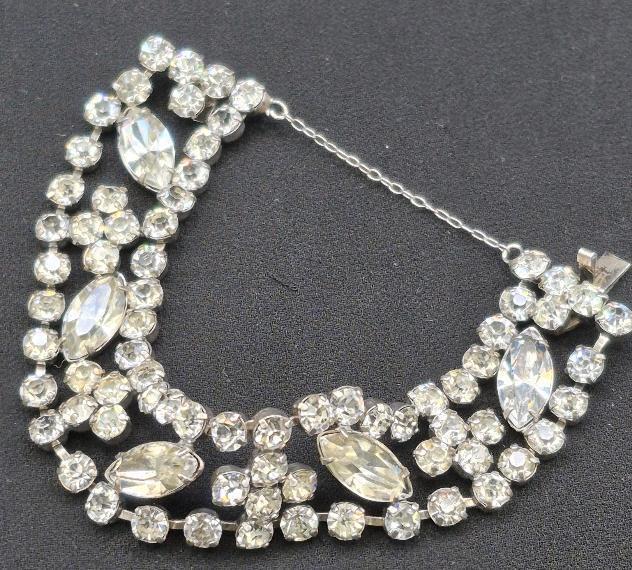 Goregous Stamped Sterling Rhinestone Bracelet 6.15" Long with Safety Chain