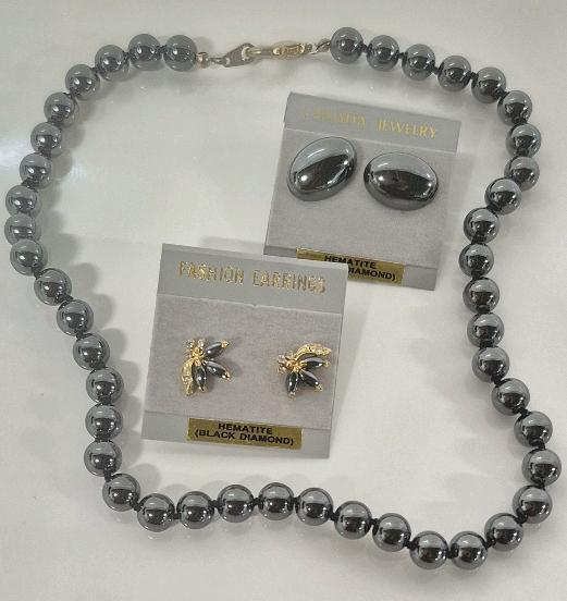Beautiful Hematite Earrings & Necklace 14" Long