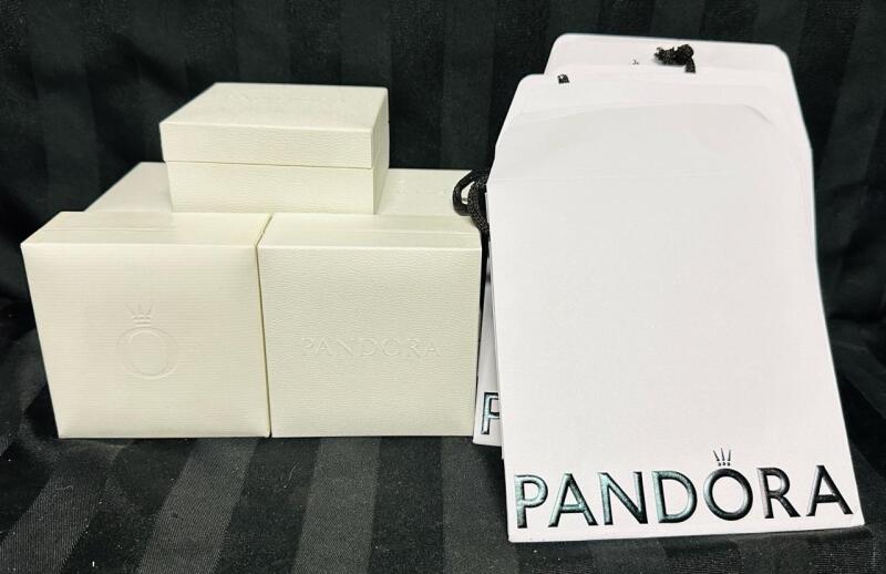 Assorted Pandora Branded Jewelry Box/Bag Lot, Includes 7 Boxes (3.5&rdquo; x 3.5&rdquo; x 1.5&rdquo;) and 9 Bags (6&rdquo; x 5.5&rdquo;)