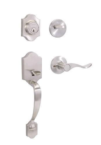 As New Garrison Imperial Grip Handle Set & Deadbolt Door Lock Set with Queen Lever, Satin Nickel, Retail's for $119.99