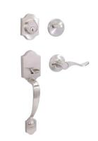 As New Garrison Imperial Grip Handle Set & Deadbolt Door Lock Set with Queen Lever, Satin Nickel, Retail's for $119.99