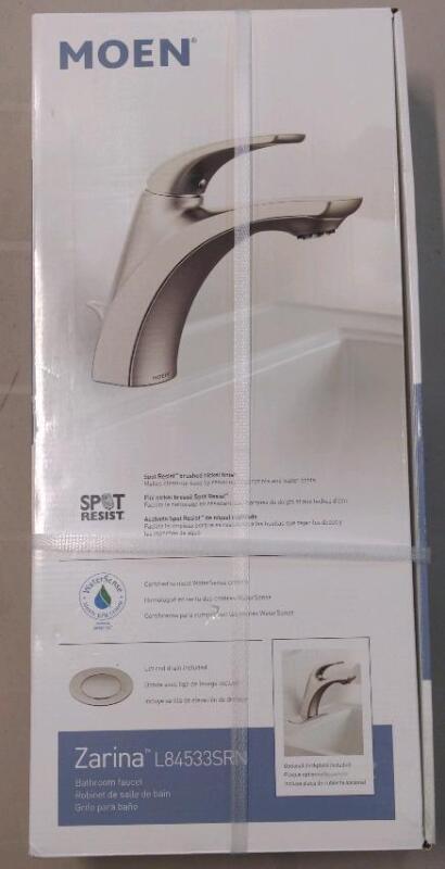 As New Moen Zarina single-handle high arc bathroom faucet, model number L84533SRN, Retail's for $144.99