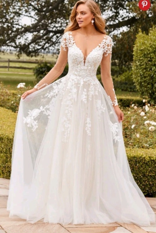 New sz 14 Romantic A-Line Wedding Gown With Illusion Long Sleeves by Sophie Tolli