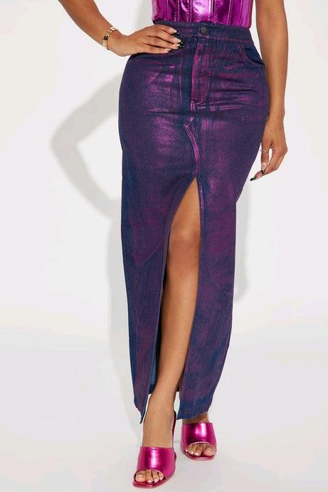 New - Women's Size Small Fashion Nova Rain On Me Metallic Denim Maxi Skirt - Purple .