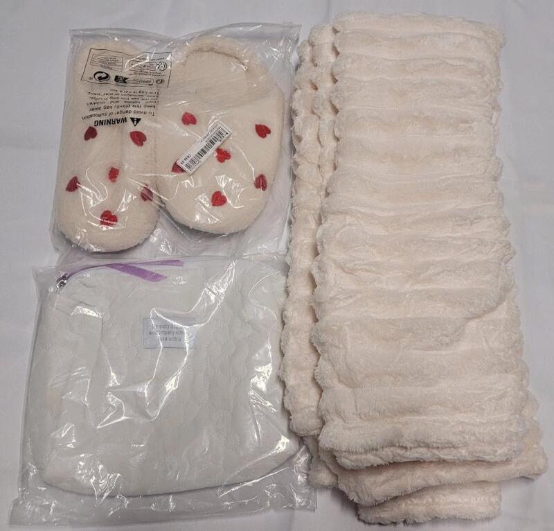 New Shein Ladies Lot . Includes : 40"&times;60" Coral Fleece Throw , Heart Embellished Slippers & Make-Up Storage Bag