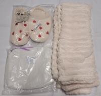 New Shein Ladies Lot . Includes : 40"&times;60" Coral Fleece Throw , Heart Embellished Slippers & Make-Up Storage Bag