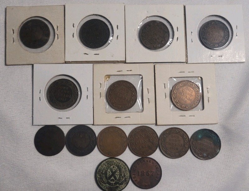 1837 - 1919 Canadian Penny & Bank Token Lot - 15 Coins