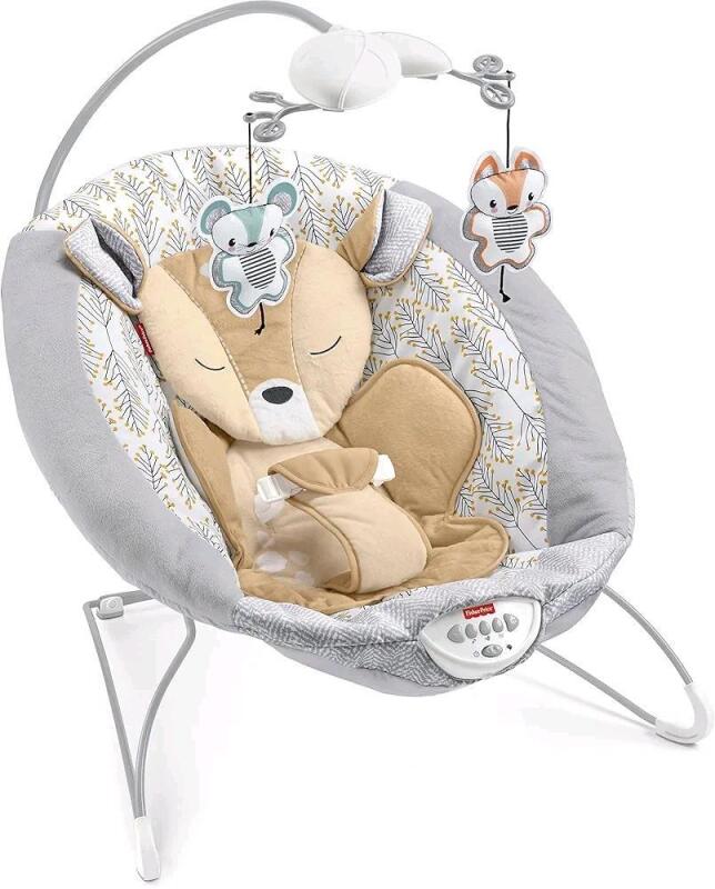 New , Sealed - Fisher-Price Portable Baby Seat Fawn Meadows Deluxe Bouncer with Toy Mobile, Music & Vibrations for Upto 20lbs (9kg) . Model # GNG39-DN2A