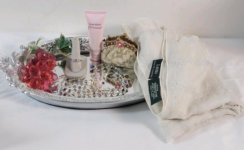 Vanity Table Mirrored Tray w/Ralph Lauren 100% Silk Scarf , Vera Wang Lotion , Ring , Brooch , Necklace plus more