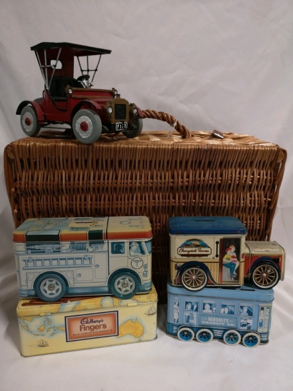 Wicker Picnic Basket + Tin Canisters/Banks +